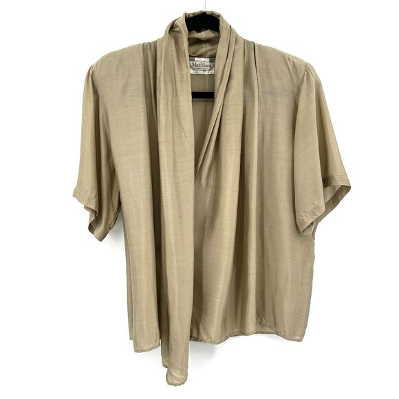 MAXMARA Champagne Beige Silk Blend Shoulder Pad Wrap Cardigan Blouse Top Size 4 - Picture 2 of 8